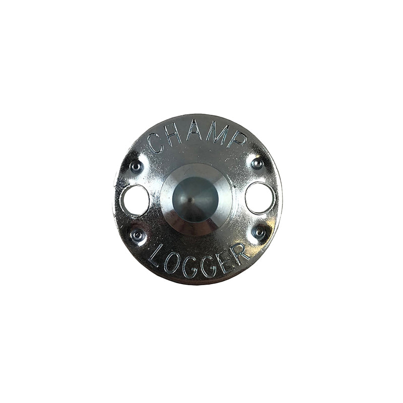 Metallic circular component with 'Champ Logger' branding on a white background
